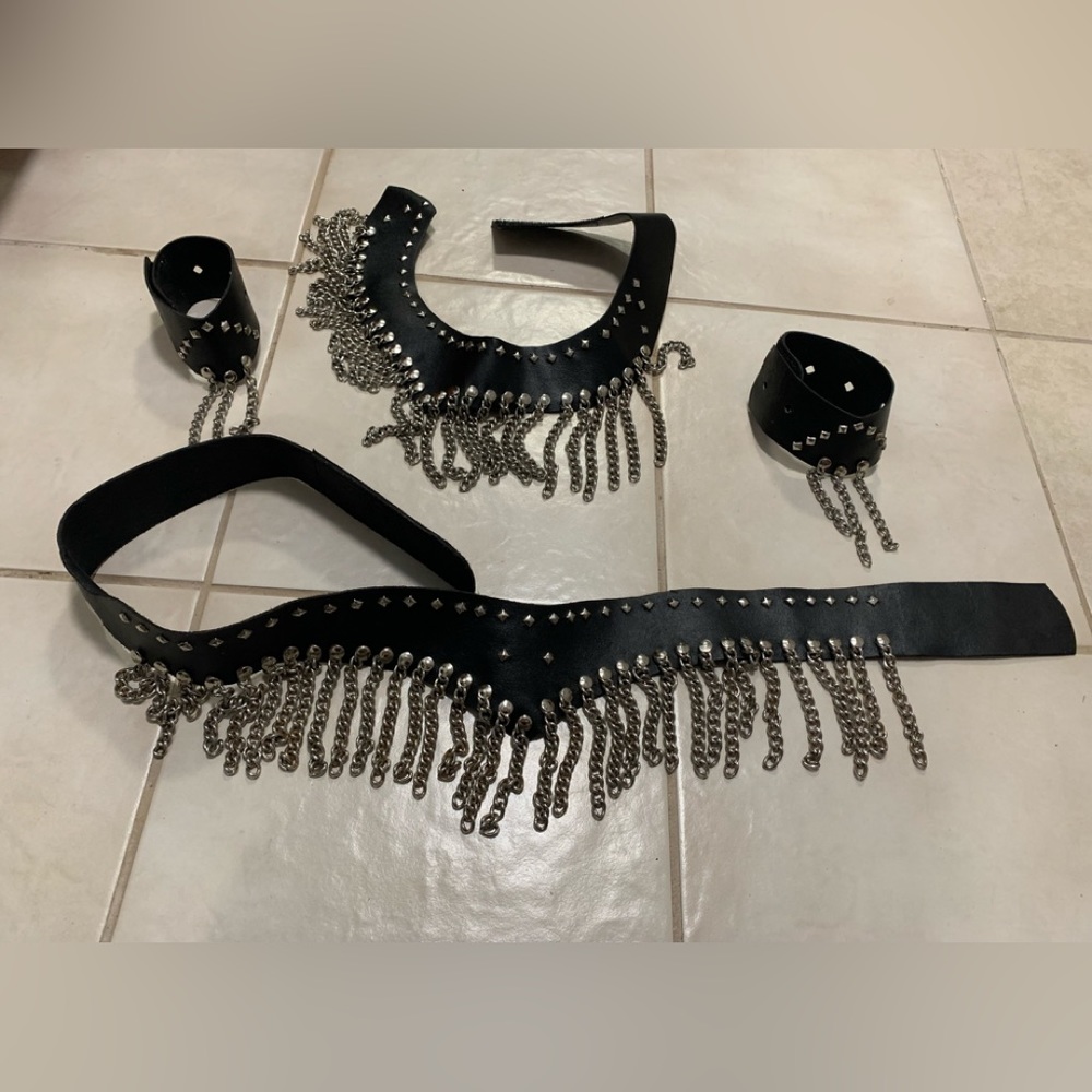 Sexy 4 pc studs & chains outfit, necklace, waistband and 2 arm cuffs, modified